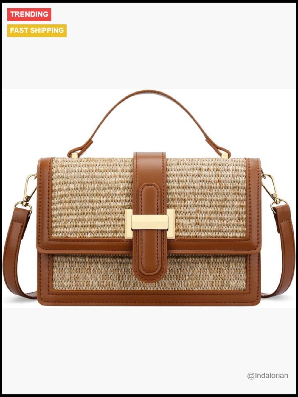 Straw Crossbody Bag with Top Handle, PU Leather Summer Purse - Picture 1 of 7